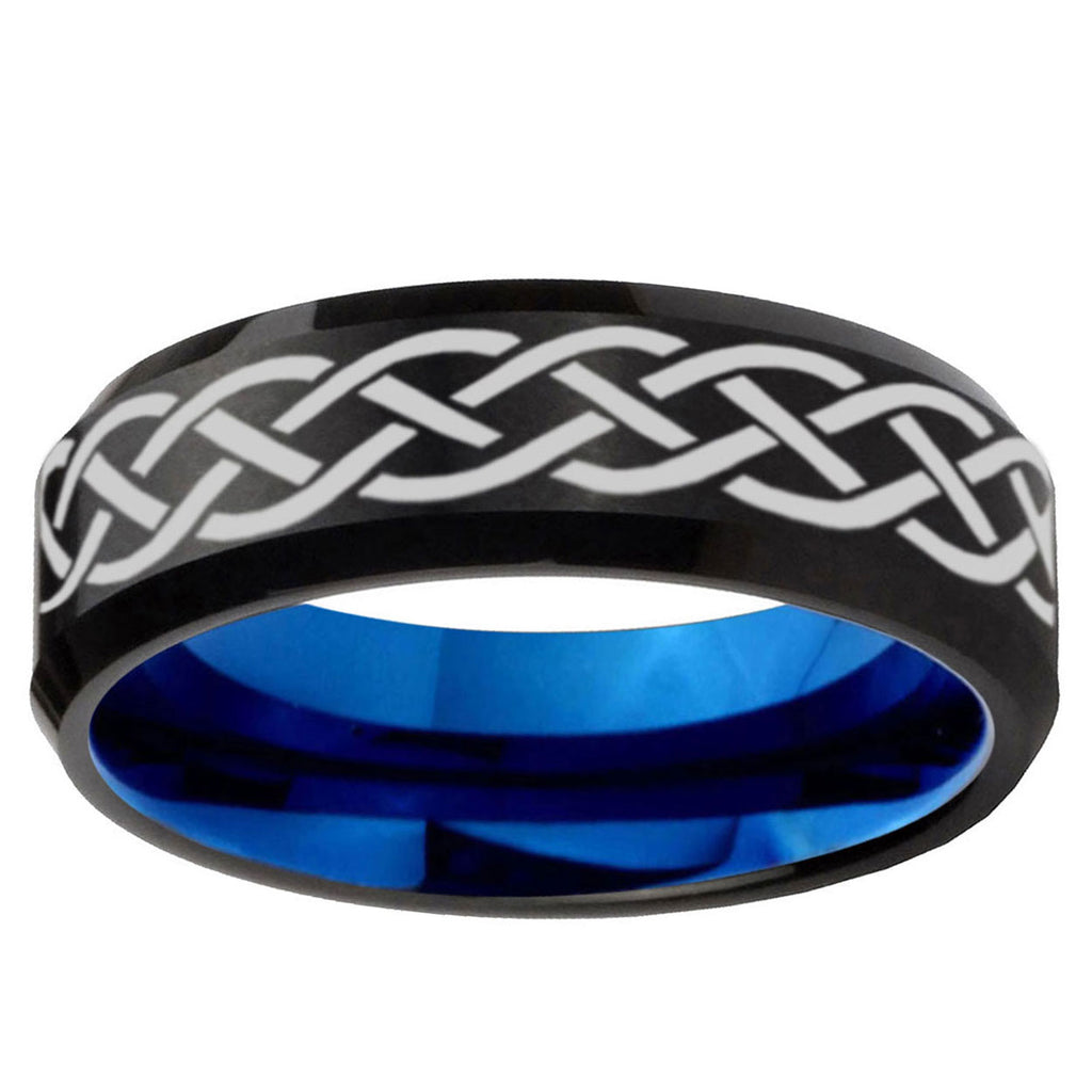 10mm Celtic Knot Bevel Tungsten Carbide Blue Wedding Ring