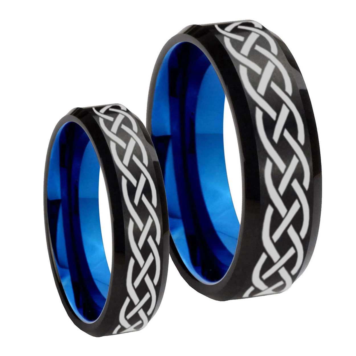 Celtic Knots Bevel Blue Tungsten Wedding Set Ring