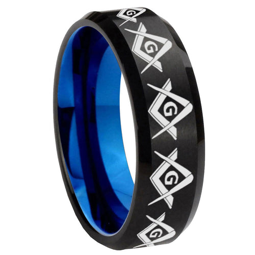 10mm Masonic Square and Compass Bevel Tungsten Carbide Blue Wedding Ring