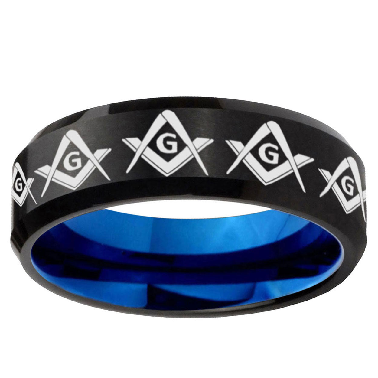 5mm Masonic Square and Compass Two-Tone Beveled Black Blue Tungsten Promised Ring