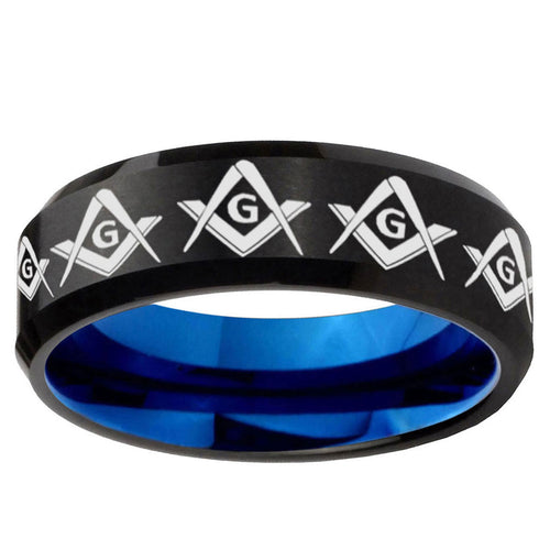 10mm Masonic Square and Compass Bevel Tungsten Carbide Blue Wedding Ring
