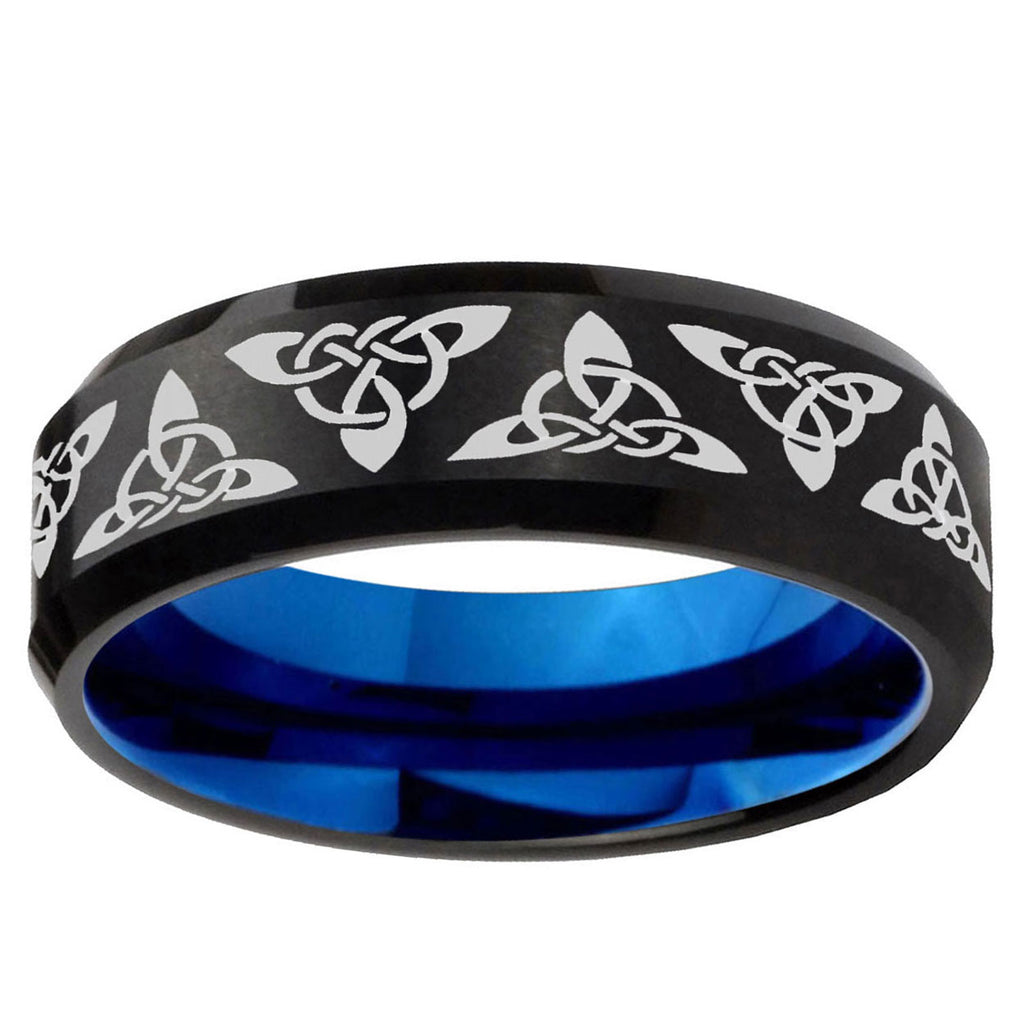 5mm Celtic Knot Pattern Two-Tone Beveled Black Blue Tungsten Promised Ring