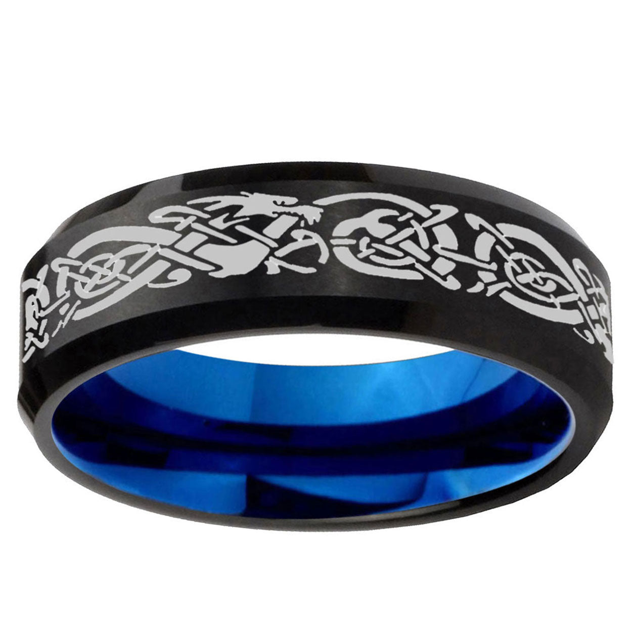 5mm Celtic Knot Dragon Two-Tone Beveled Black Blue Tungsten Promised Ring