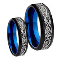 Celtic Dragons Bevel Blue Tungsten Wedding Ring Set