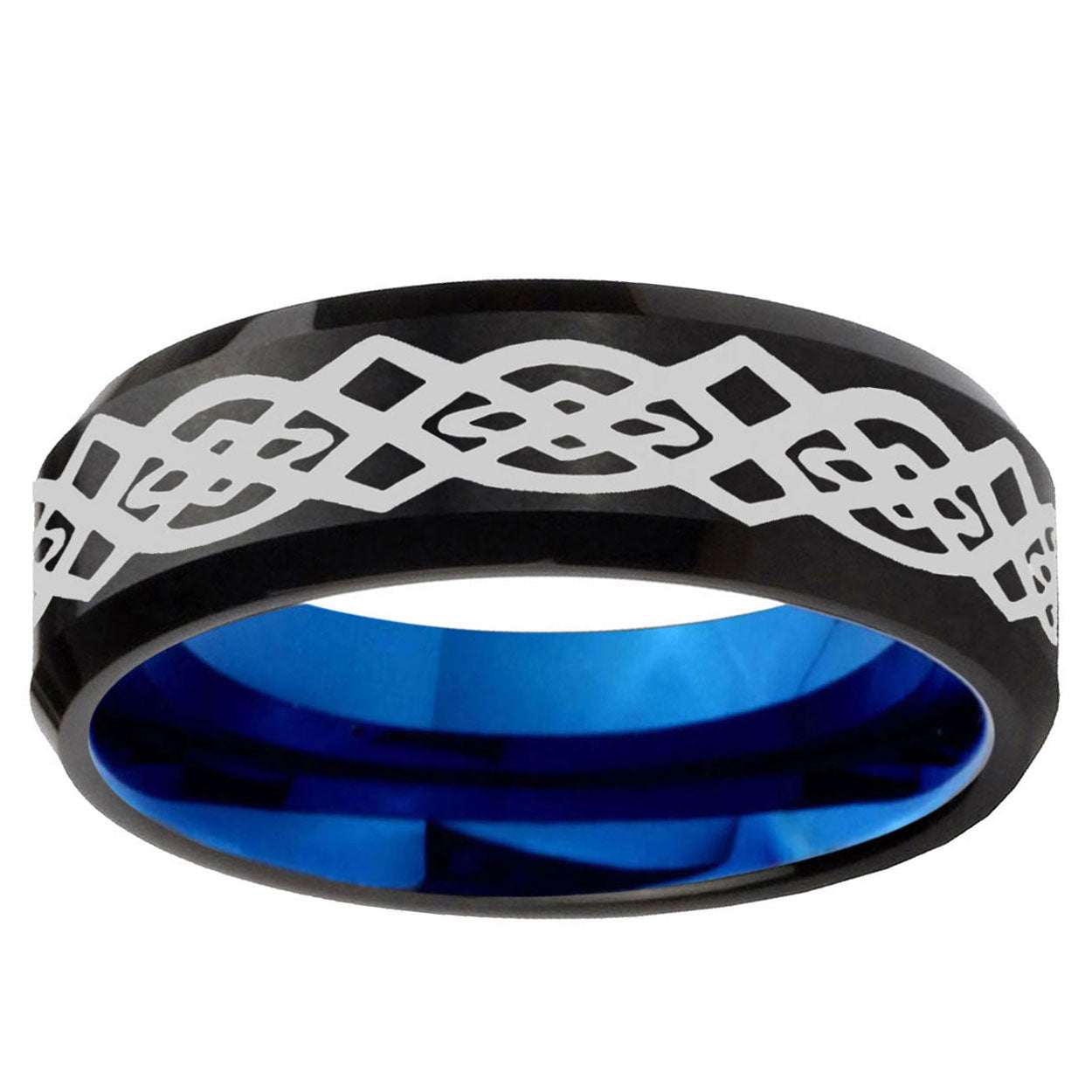 5mm Celtic Knot Design Two-Tone Beveled Black Blue Tungsten Promised Ring
