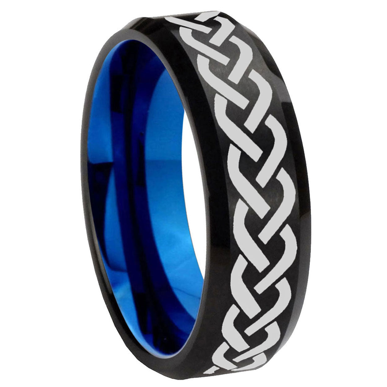 8mm Laser Celtic Knot Two-Tone Beveled Black Blue Tungsten Promised Ring