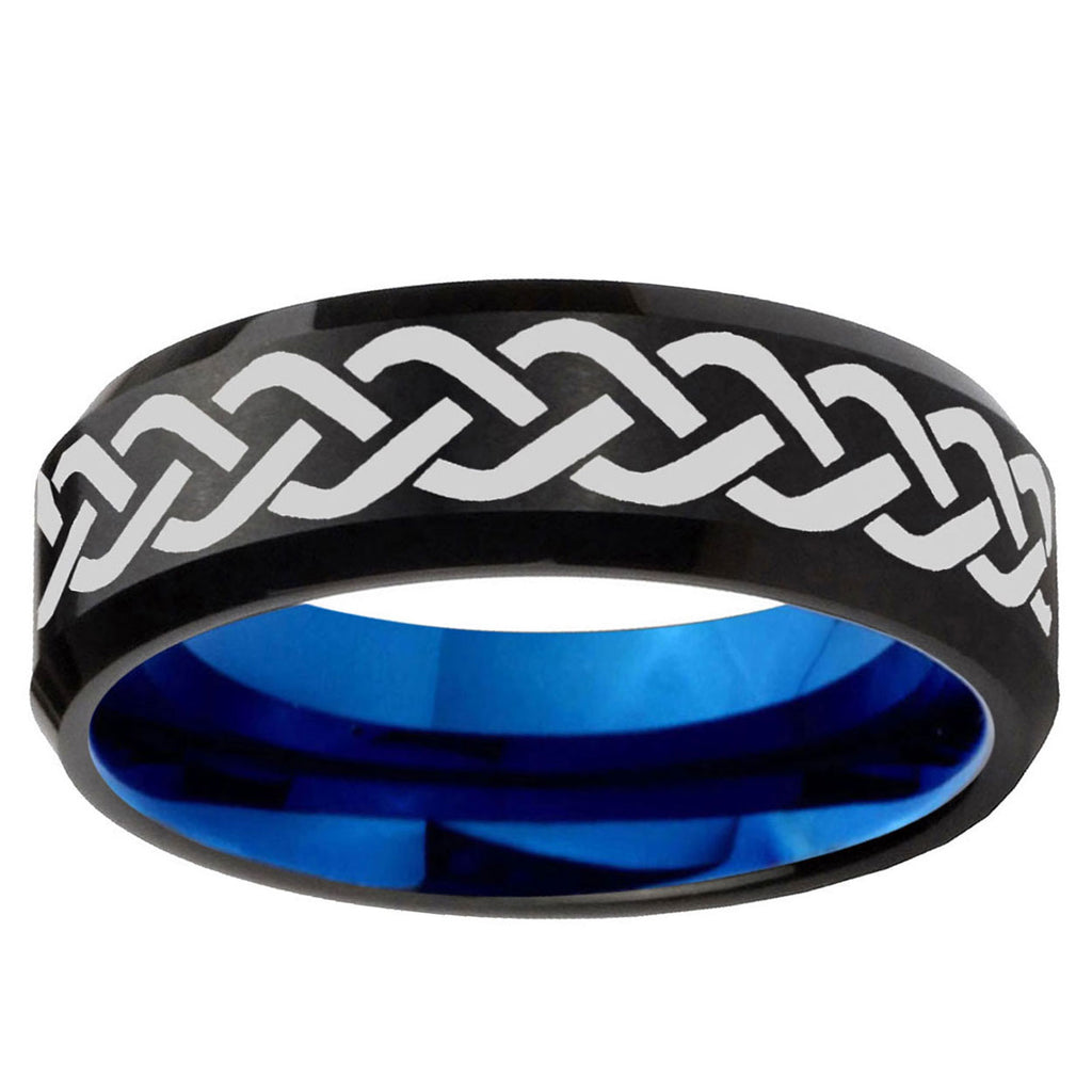 10mm Laser Celtic Knot Bevel Tungsten Carbide Blue Wedding Ring