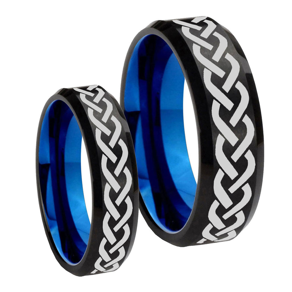 Laser Celtic Knots Bevel Blue Tungsten Bridal Set Rings