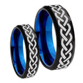 Laser Celtic Knots Bevel Blue Tungsten Bridal Set Rings