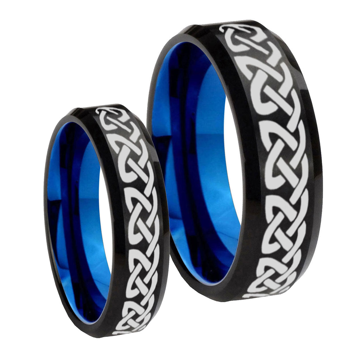 Celtic Knot Loves Bevel Blue Tungsten His Hers Ring Set