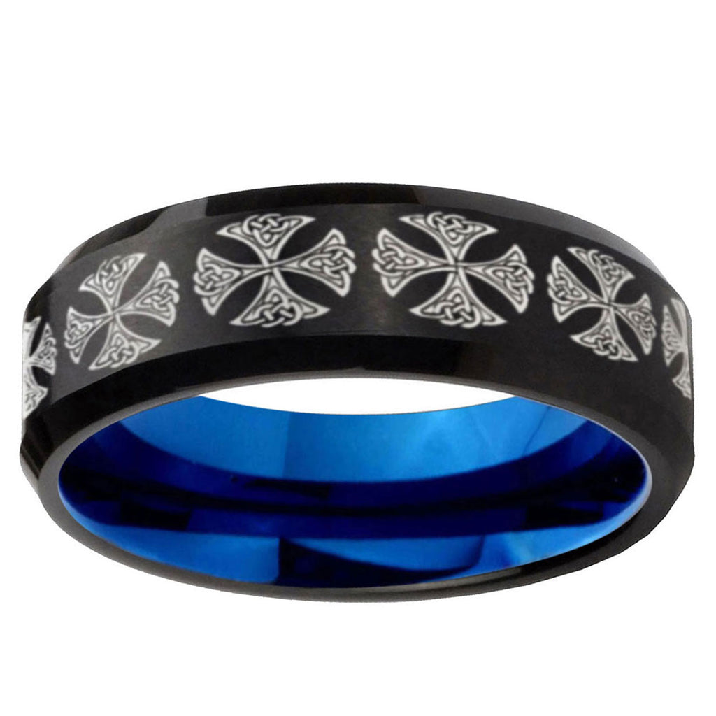 10mm Medieval Cross Bevel Tungsten Carbide Blue Wedding Ring
