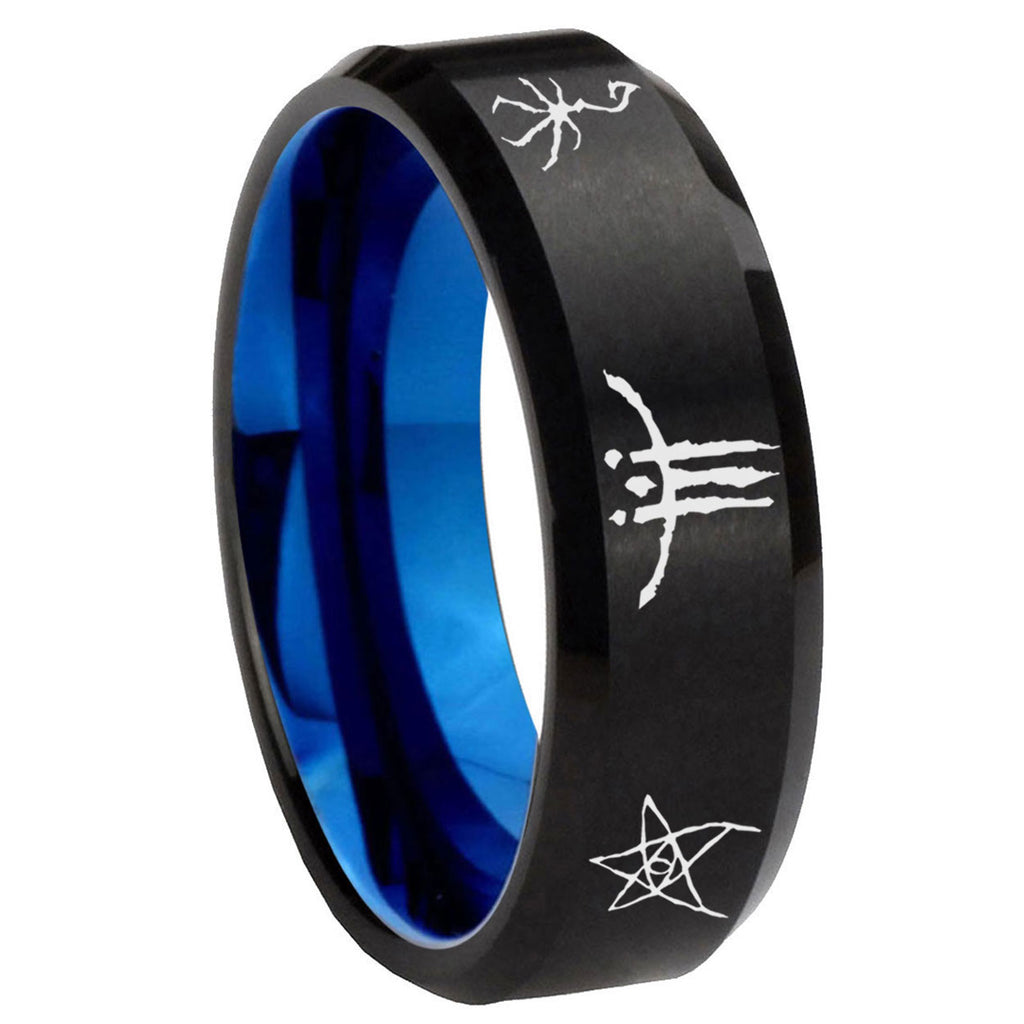 8mm Blackborne Caryll Runes Two-Tone Beveled Black Blue Tungsten Promised Ring