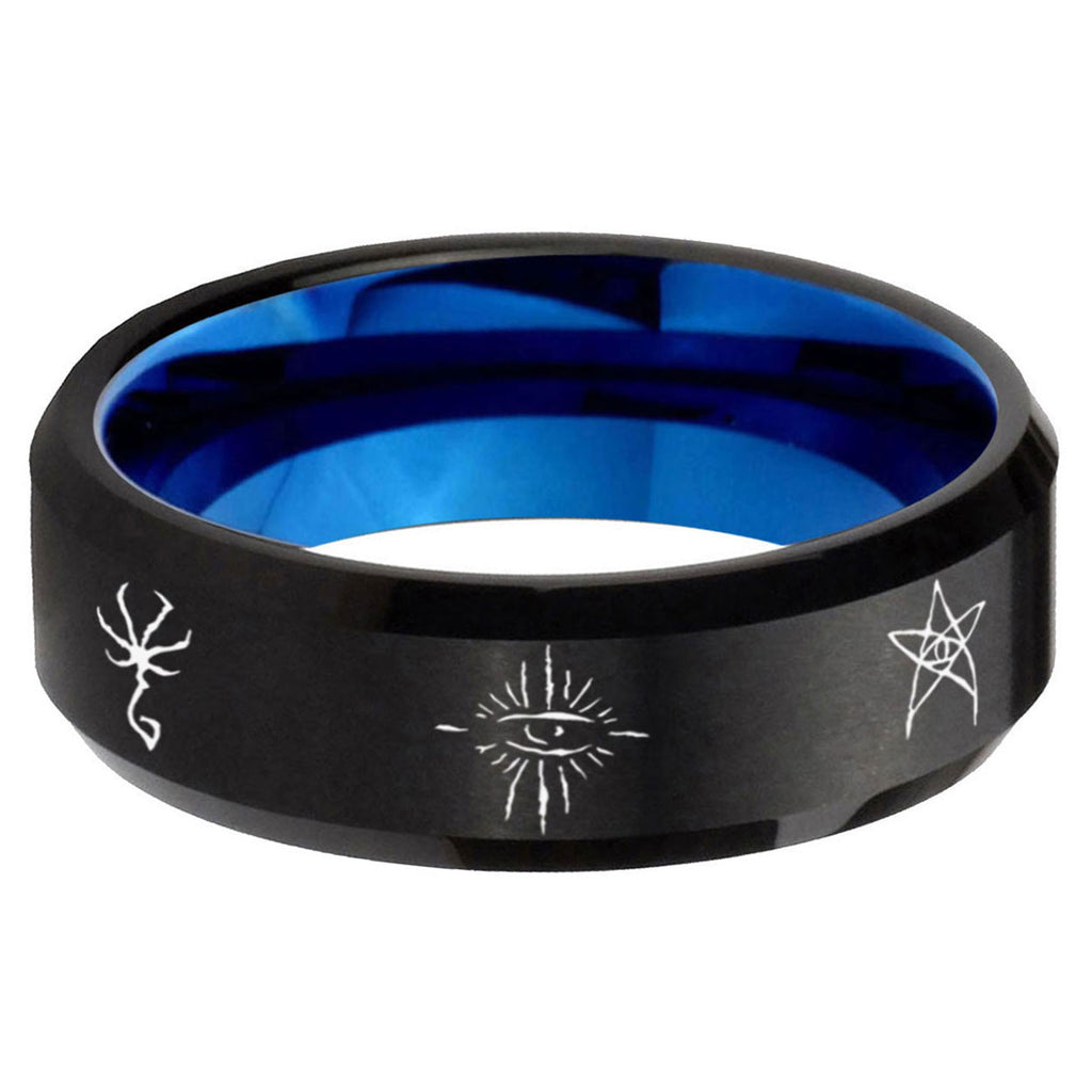 5mm Blackborne Caryll Runes Two-Tone Beveled Black Blue Tungsten Promised Ring