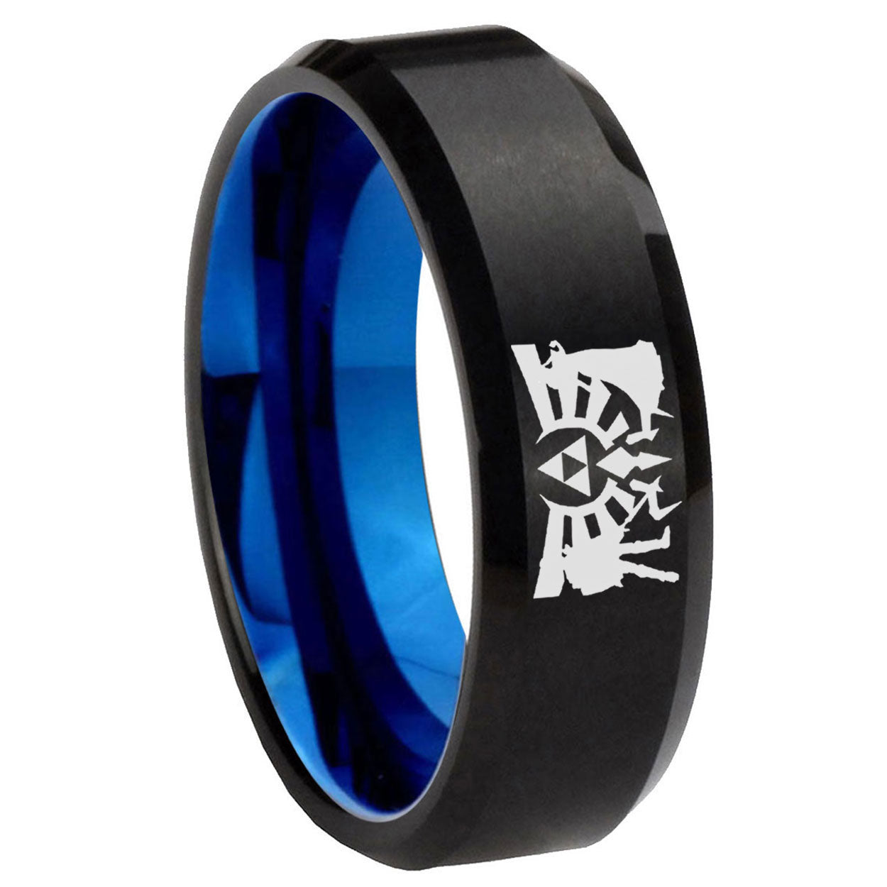 8mm Zelda Link Two-Tone Beveled Black Blue Tungsten Promised Ring