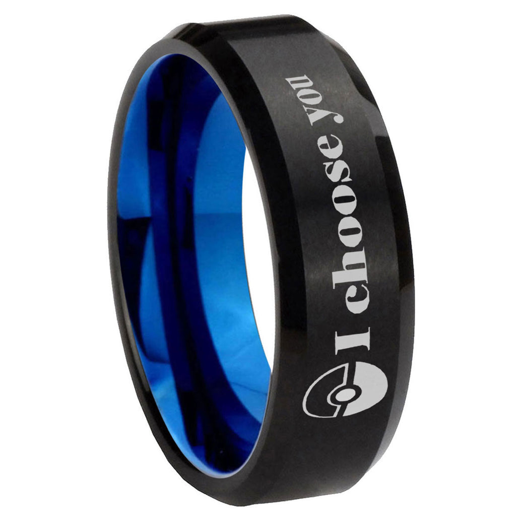 8mm Pokeball Pokemon Two-Tone Beveled Black Blue Tungsten Promised Ring
