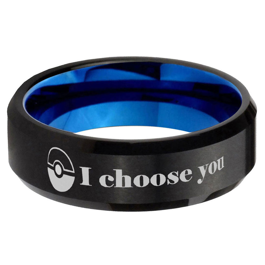 5mm Pokeball Pokemon Two-Tone Beveled Black Blue Tungsten Promised Ring