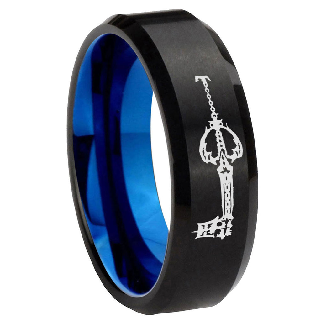 8mm kingdom heart keyblades Two-Tone Beveled Black Blue Tungsten Promised Ring