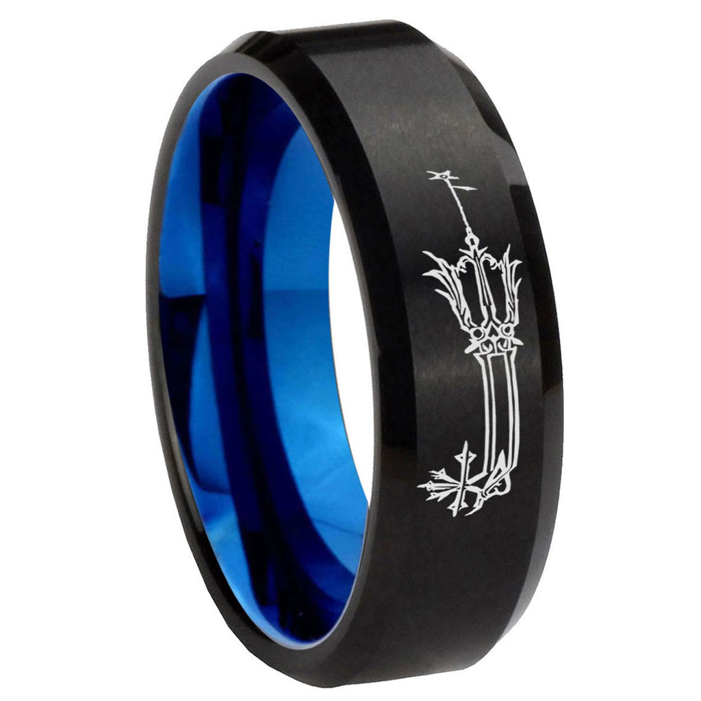 8mm Geekery Oathkeeper Kingdom Hearts Two-Tone Beveled Black Blue Tungsten Promised Ring