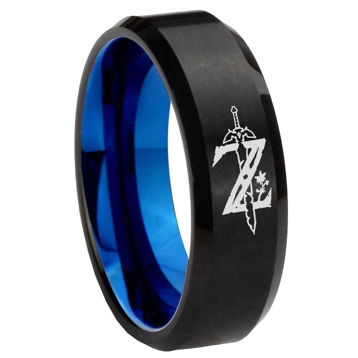 8mm Zelda Breath Of The Wild Two-Tone Beveled Black Blue Tungsten Promised Ring