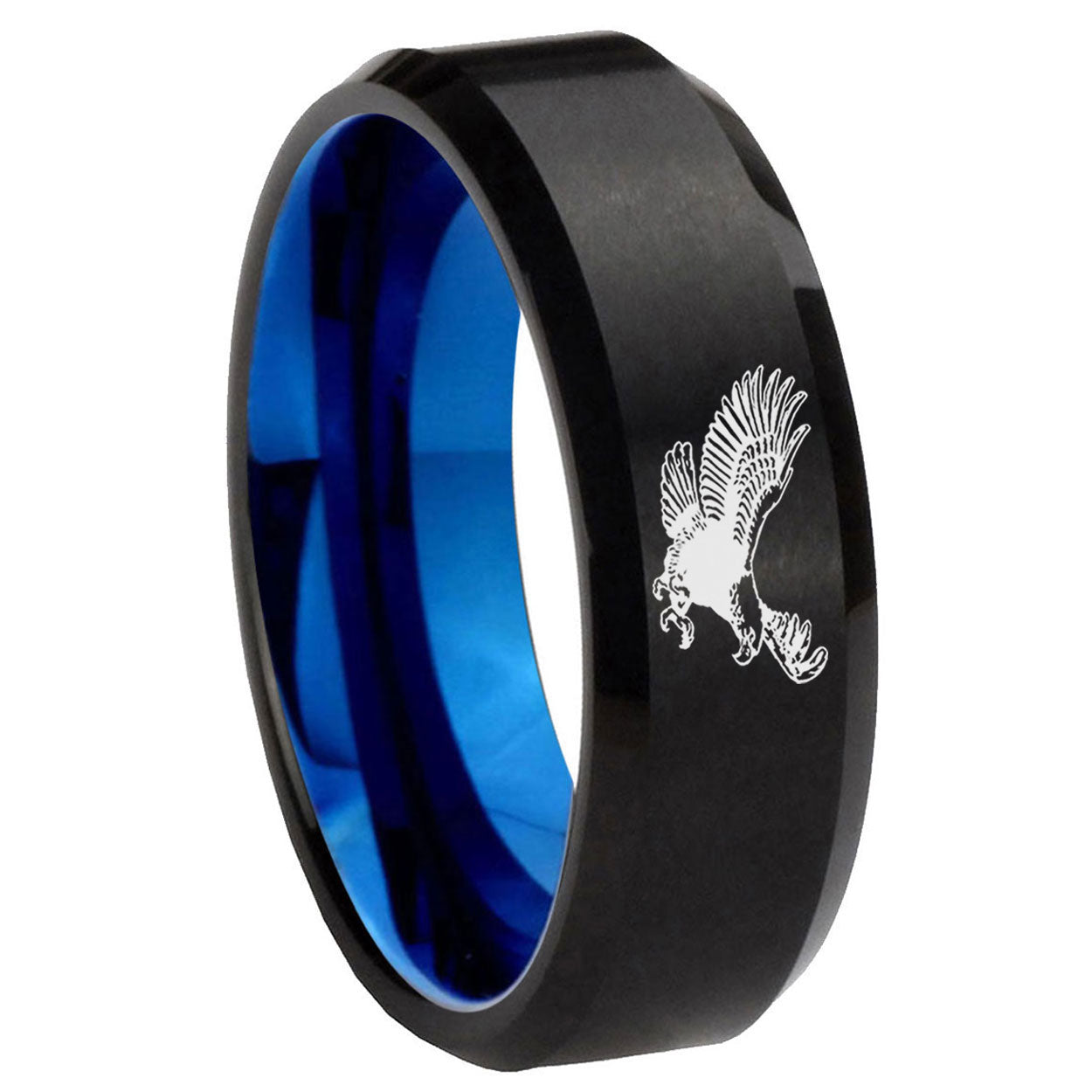 8mm Flying American Eagle Two-Tone Beveled Black Blue Tungsten Promised Ring