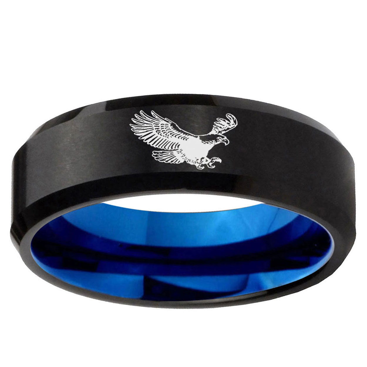 5mm Flying American Eagle Two-Tone Beveled Black Blue Tungsten Promised Ring