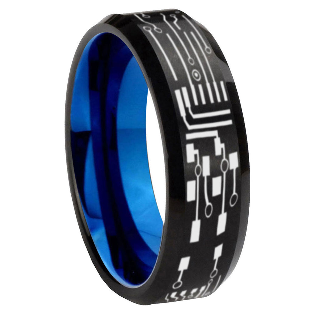 8mm Circuit Board Two-Tone Beveled Black Blue Tungsten Promised Ring