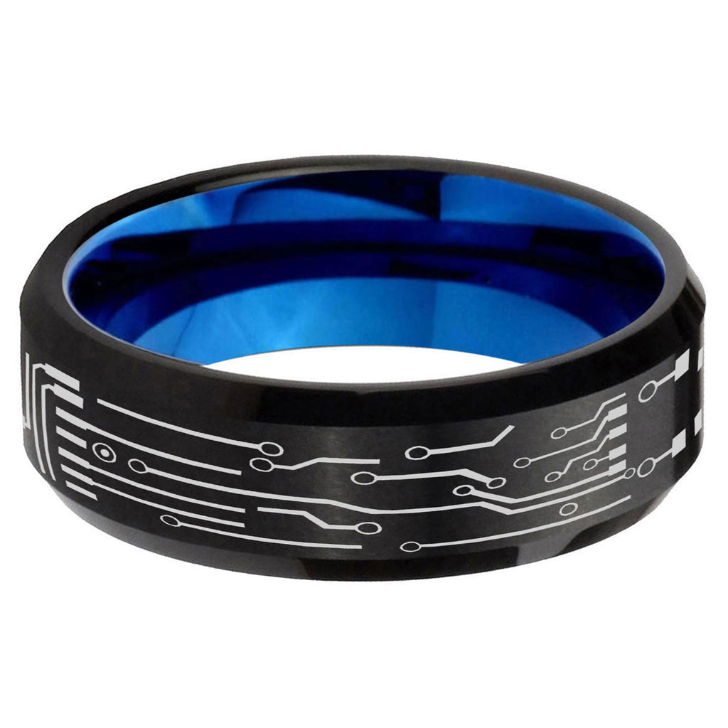 5mm Circuit Board Two-Tone Beveled Black Blue Tungsten Promised Ring