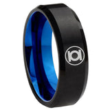 8mm Green Lantern Beveled Edge Blue Black Engraved Ring