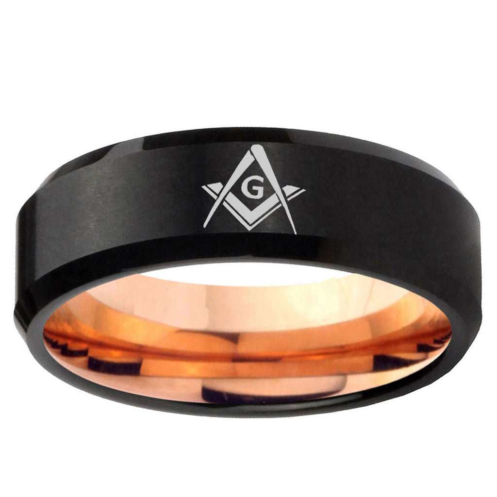 5mm Freemason Masonic Two-Tone Beveled Black Rose Gold Tungsten Band