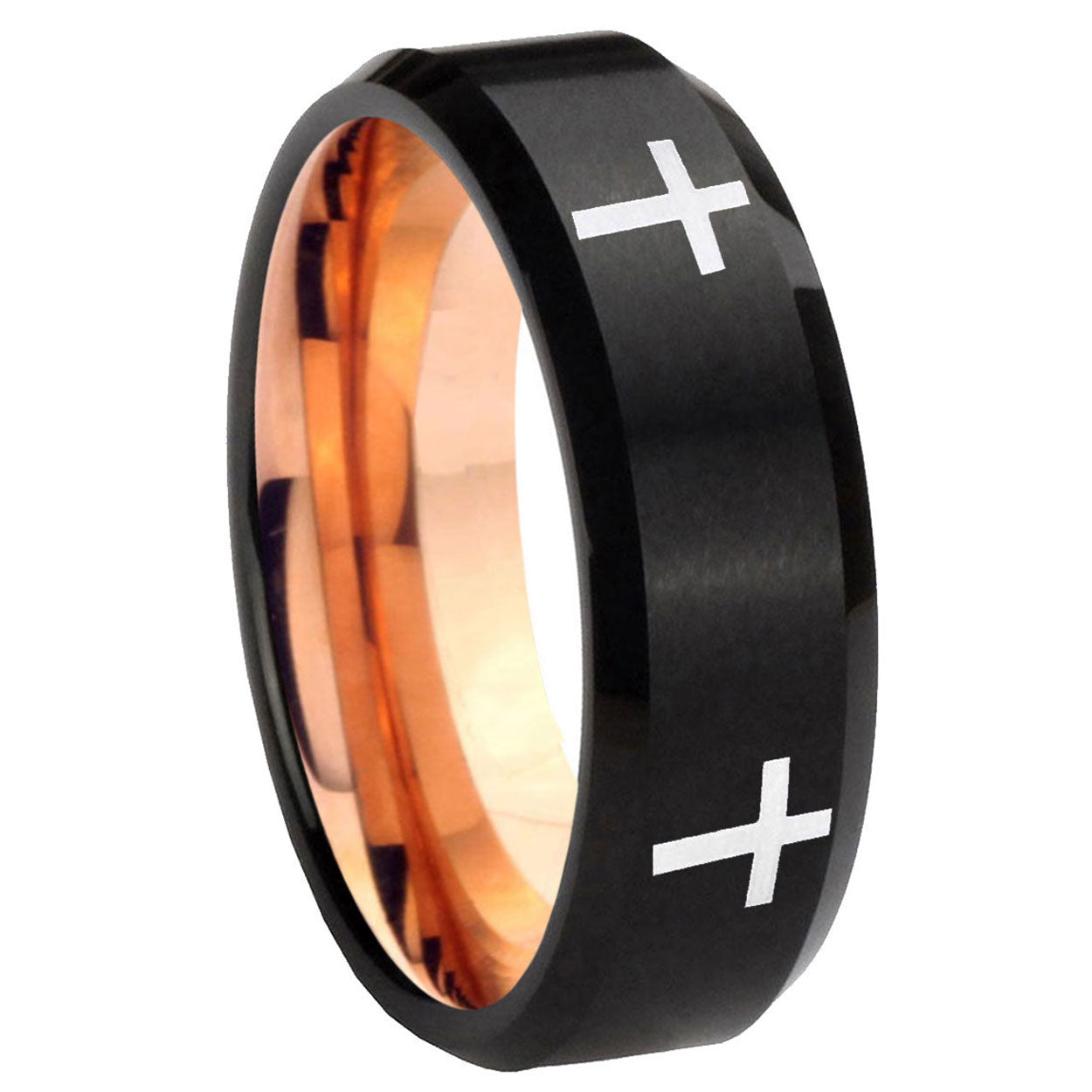 8mm Crosses Two-Tone Beveled Black Rose Gold Tungsten Band
