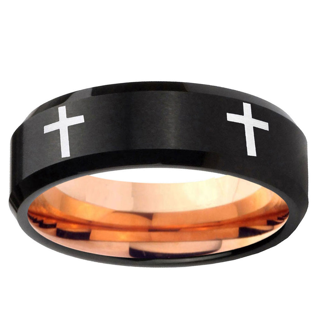 5mm Crosses Two-Tone Beveled Black Rose Gold Tungsten Band