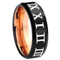 8mm Roman Numeral Two-Tone Beveled Black Rose Gold Tungsten Band