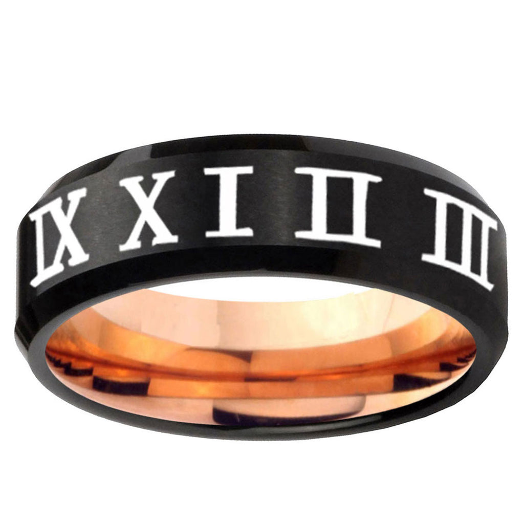 5mm Roman Numeral Two-Tone Beveled Black Rose Gold Tungsten Band