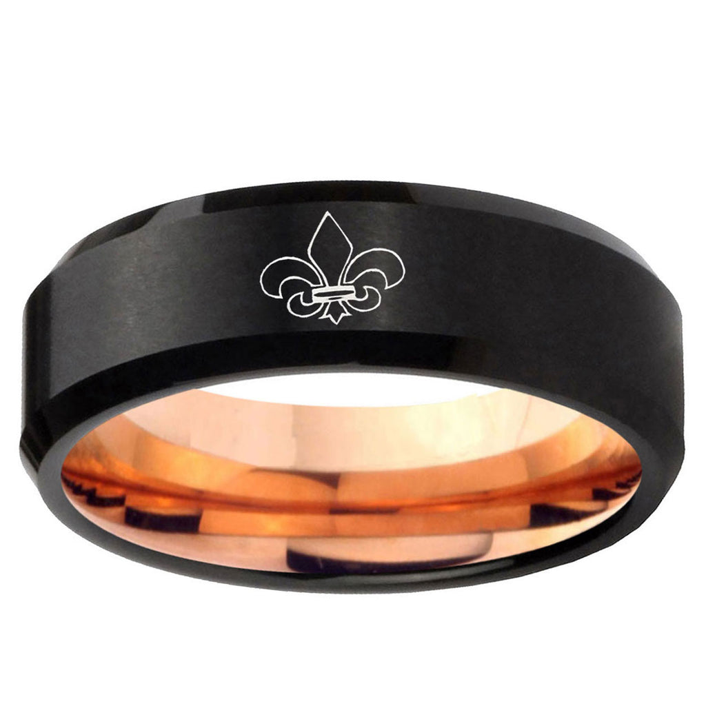 5mm Fleur-De-Lis Two-Tone Beveled Black Rose Gold Tungsten Band