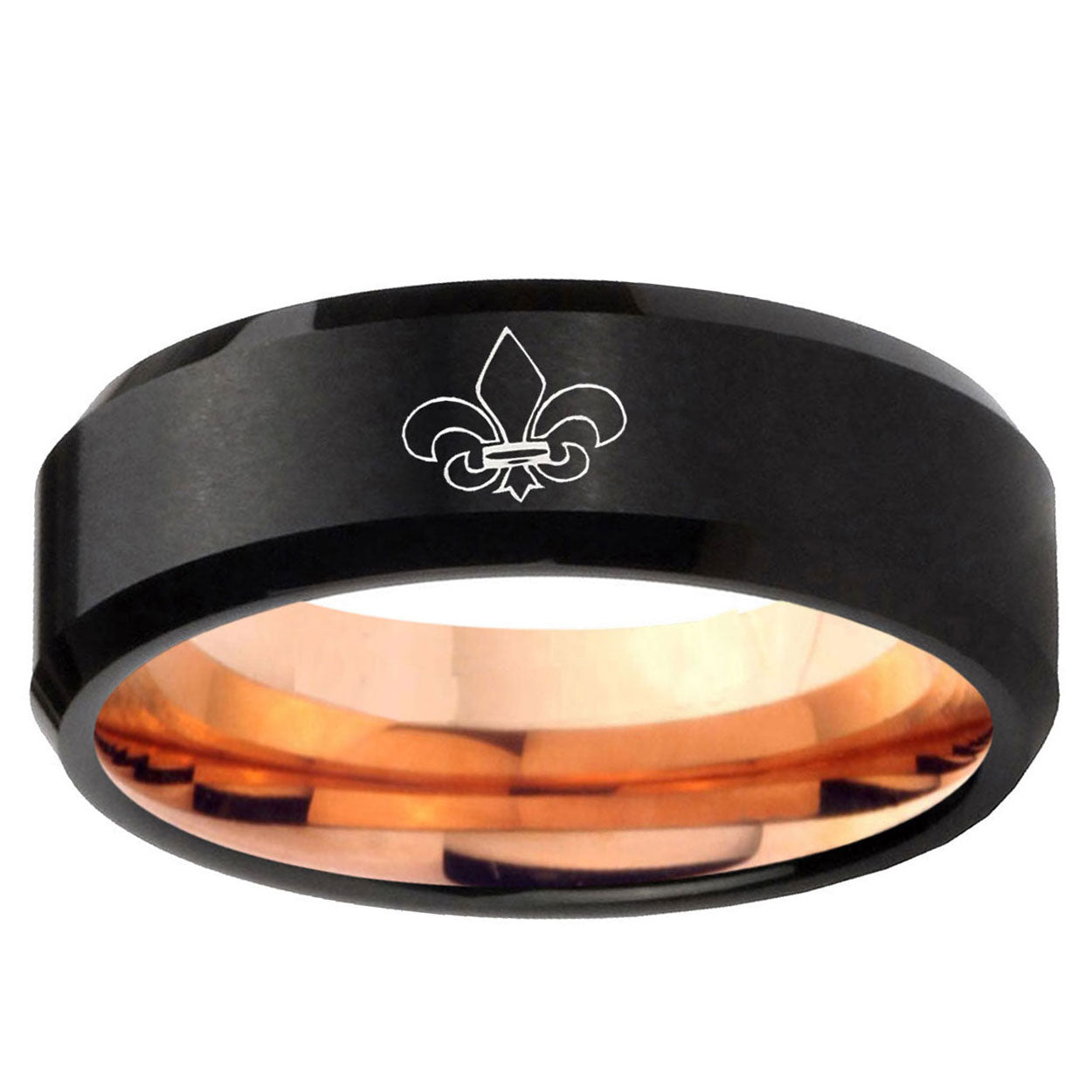 5mm Fleur-De-Lis Two-Tone Beveled Black Rose Gold Tungsten Band