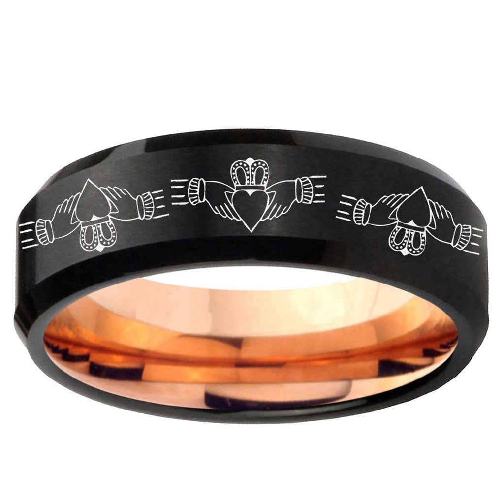 5mm Irish Claddagh Two-Tone Beveled Black Rose Gold Tungsten Band