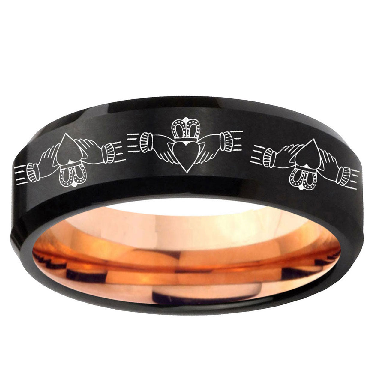 5mm Irish Claddagh Two-Tone Beveled Black Rose Gold Tungsten Band