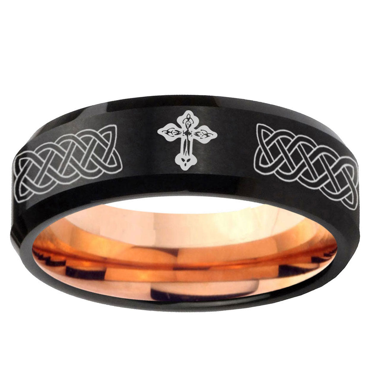 5mm Celtic Cross Two-Tone Beveled Black Rose Gold Tungsten Band