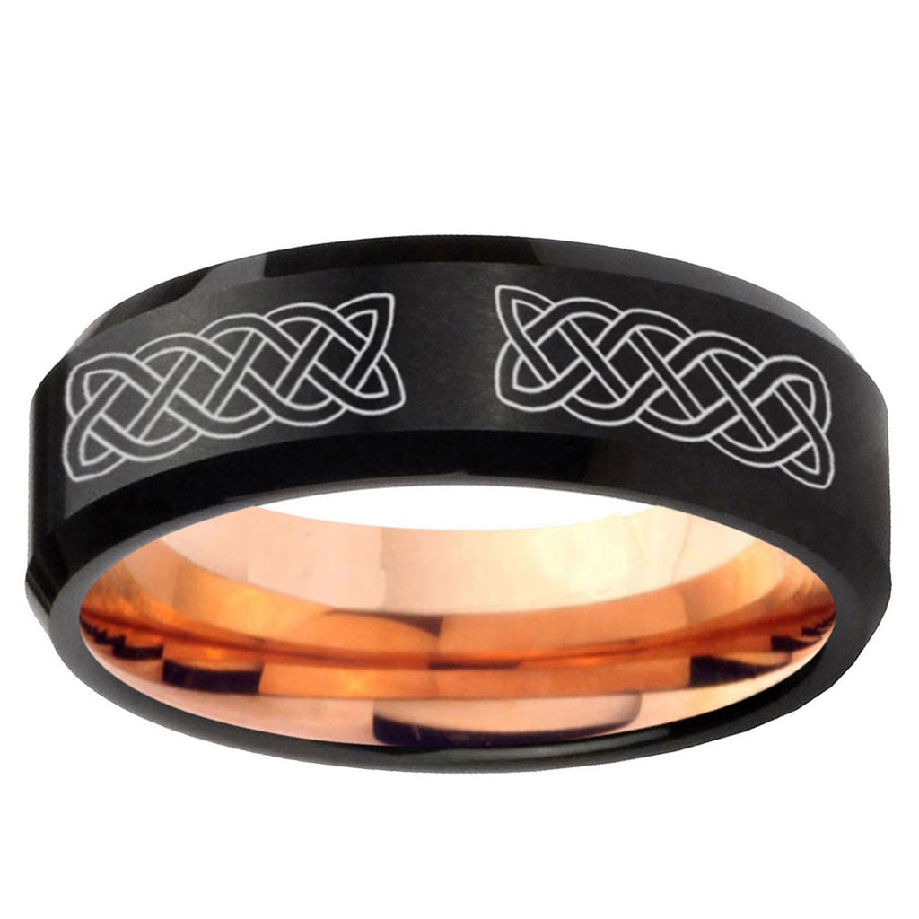 5mm Celtic knot Two-Tone Beveled Black Rose Gold Tungsten Band