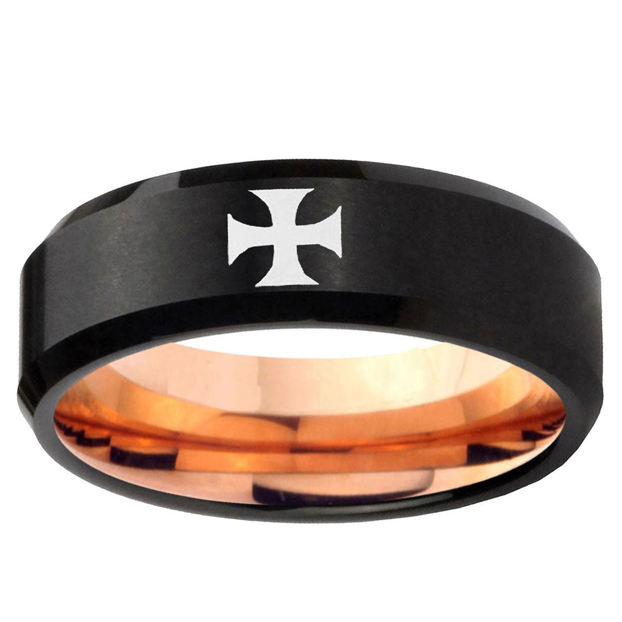 5mm Maltese Cross Two-Tone Beveled Black Rose Gold Tungsten Band