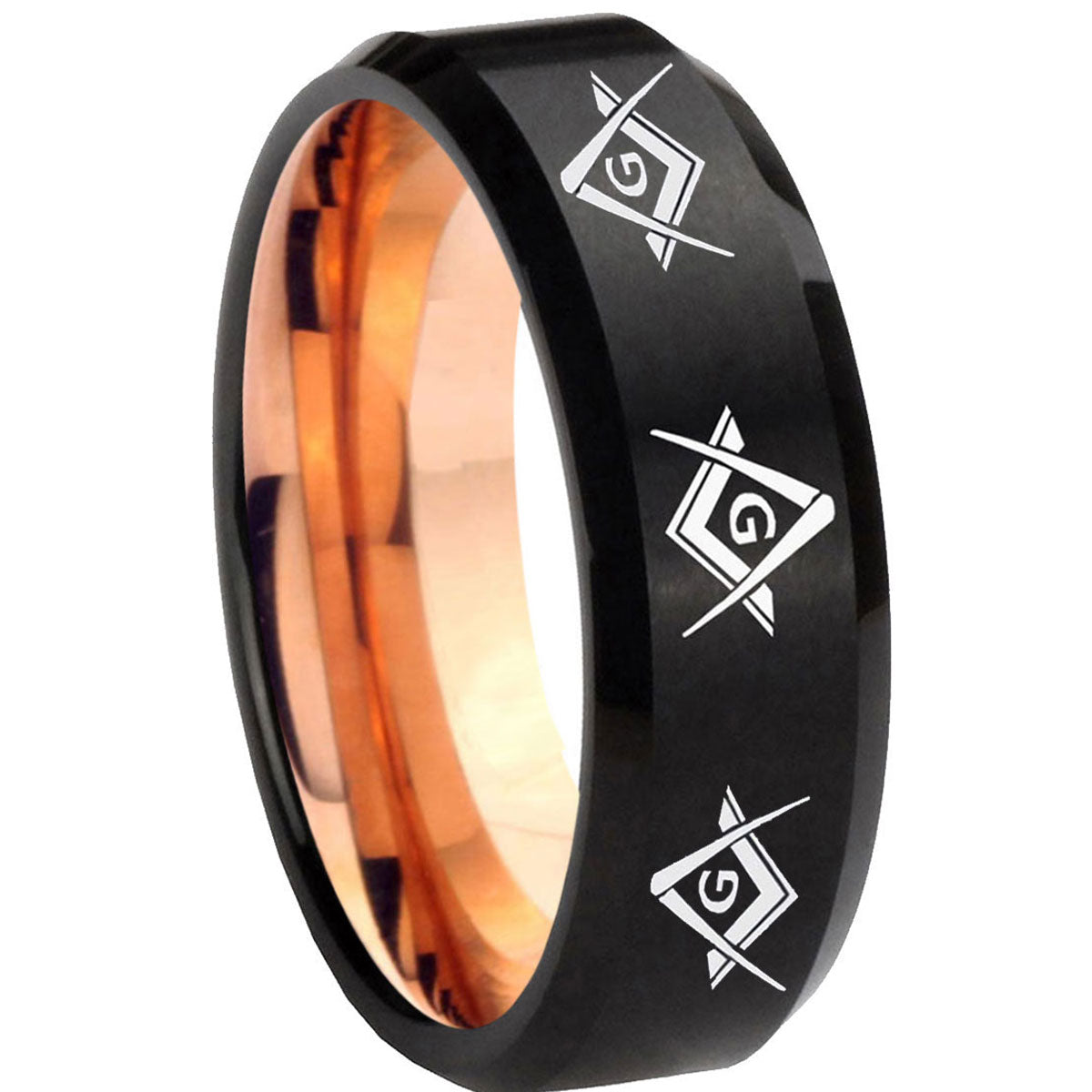8mm Master Masonic Two-Tone Beveled Black Rose Gold Tungsten Band