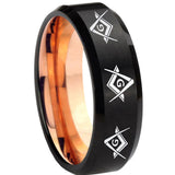 8mm Master Mason Masonic Beveled Rose Gold and Black Tungsten Men's Ring Engraved