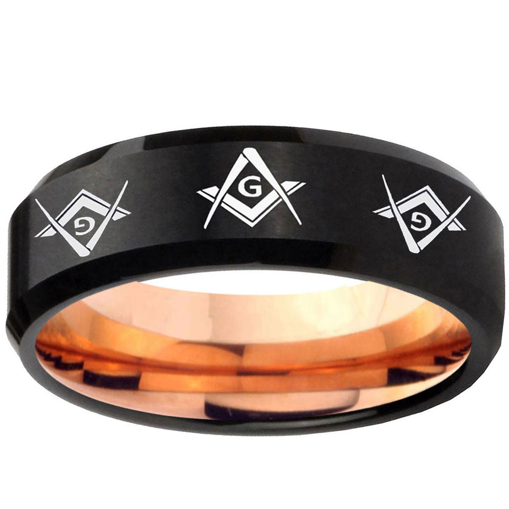 5mm Master Masonic Two-Tone Beveled Black Rose Gold Tungsten Band
