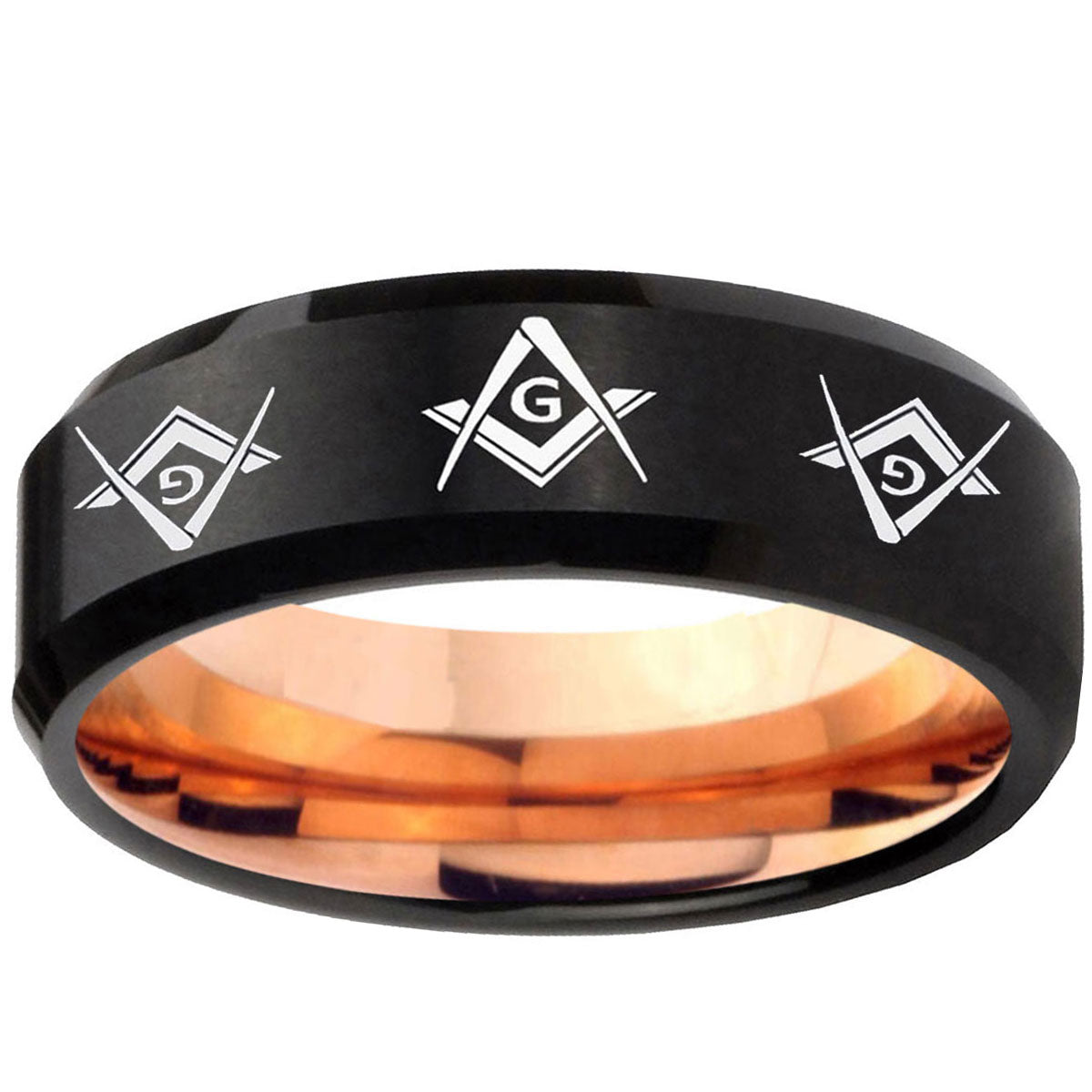 5mm Master Masonic Two-Tone Beveled Black Rose Gold Tungsten Band