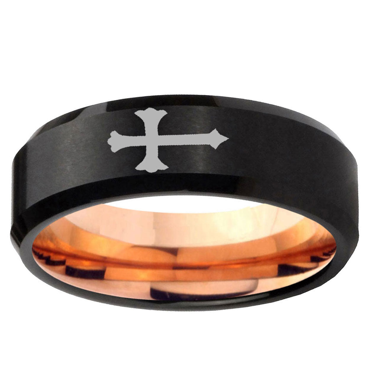5mm Christian Cross Two-Tone Beveled Black Rose Gold Tungsten Band