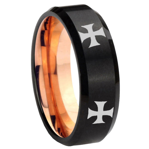 8mm 4 Maltese Cross Two-Tone Beveled Black Rose Gold Tungsten Band