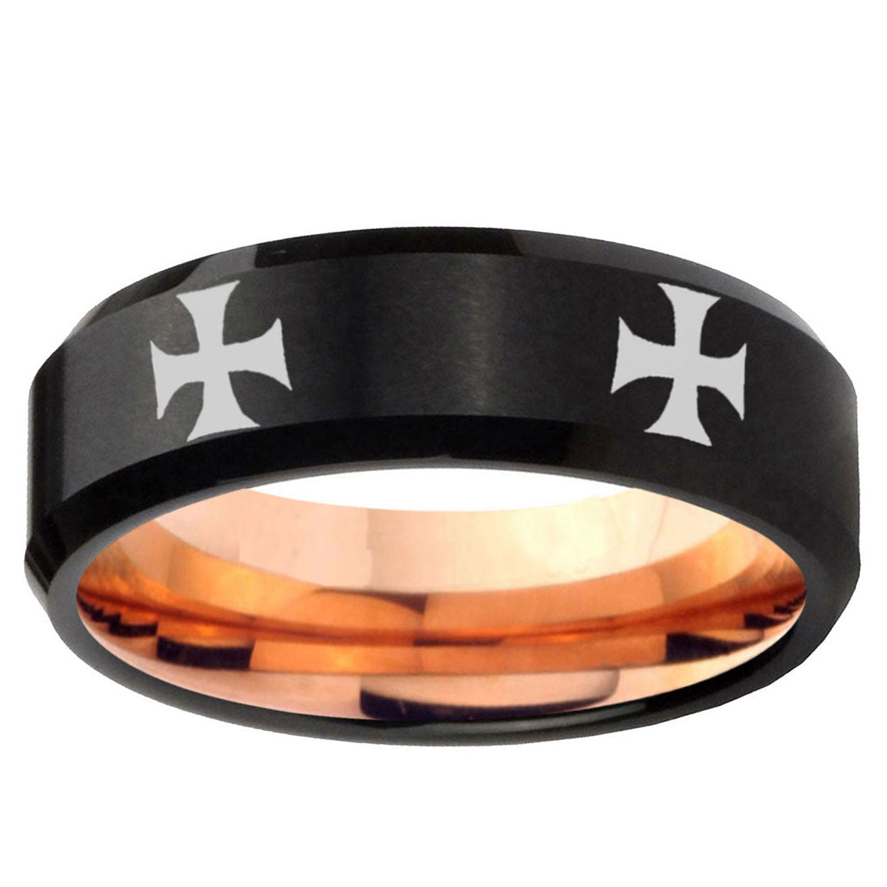 5mm 4 Maltese Cross Two-Tone Beveled Black Rose Gold Tungsten Band