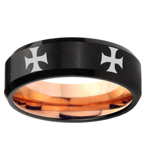 5mm 4 Maltese Cross Two-Tone Beveled Black Rose Gold Tungsten Band