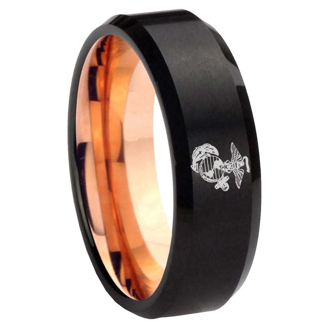 8mm USMC Marine Two-Tone Beveled Black Rose Gold Tungsten Band