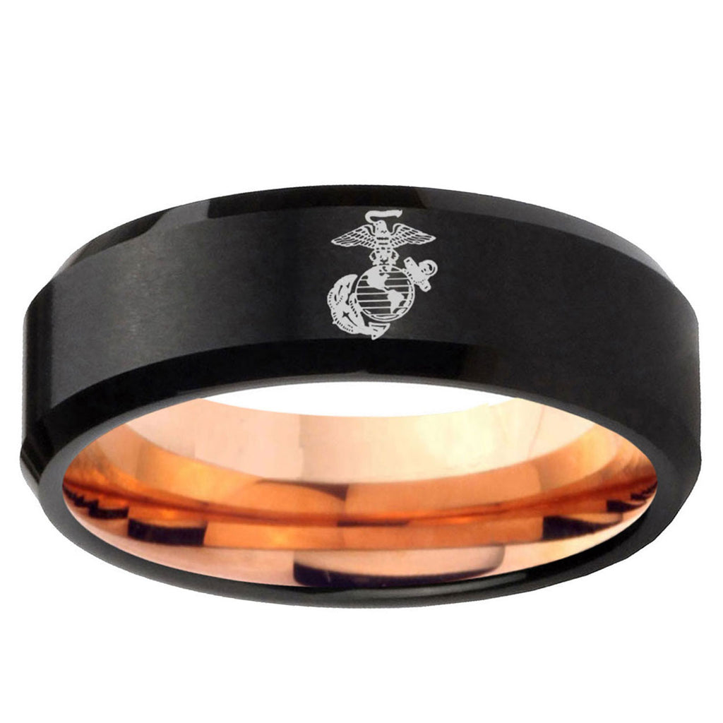 5mm USMC Marine Two-Tone Beveled Black Rose Gold Tungsten Band